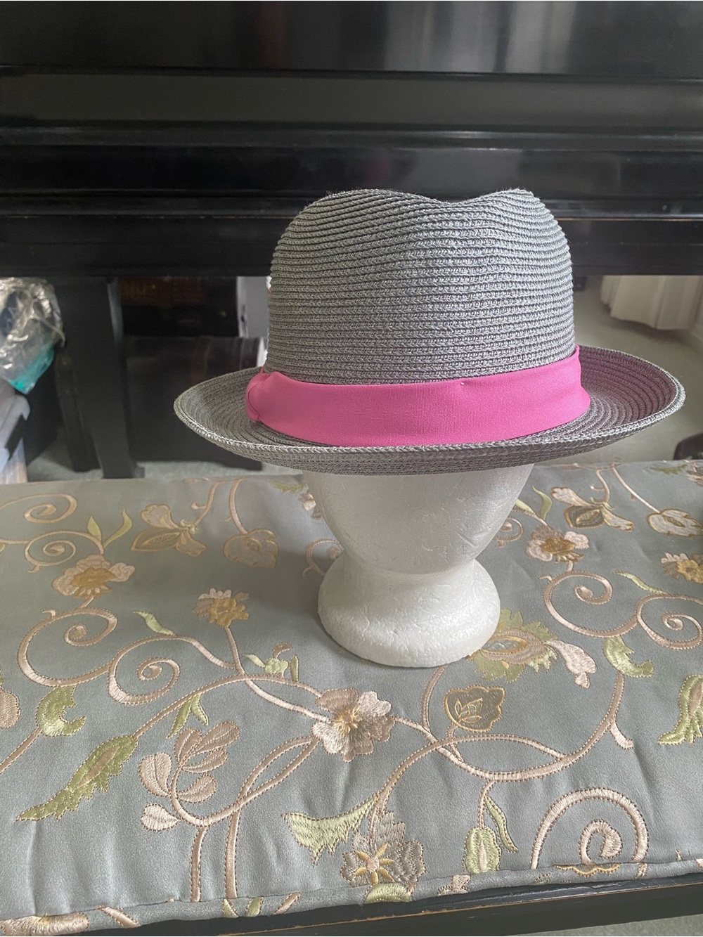 Gray Straw Fedora with Pink Band NWT